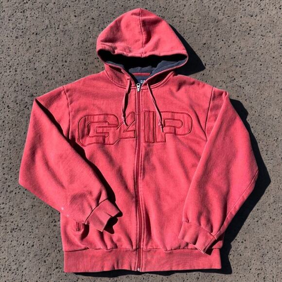 GAP Red Full Zip Hoodie Mens L Vintage Y2K Thermal Lined Baggy Fit Made in Korea - Picture 1 of 9